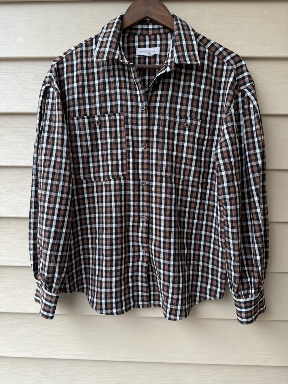 Treasure & Bond Plaid Button Down Shirt XS Brown Black White